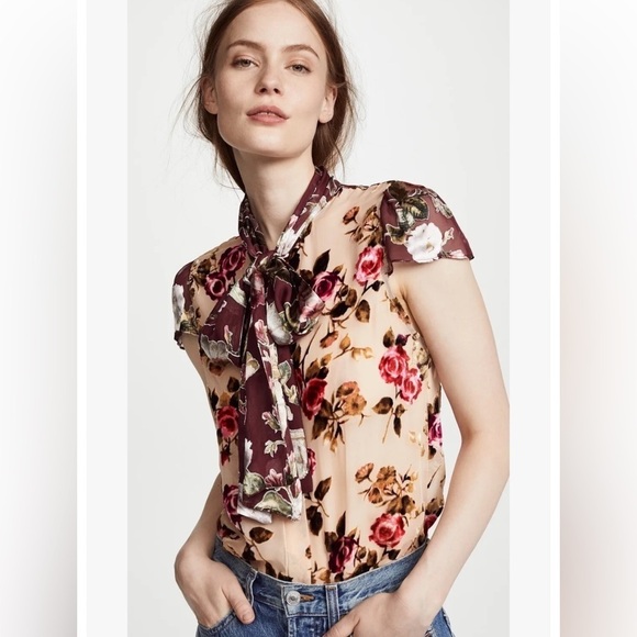 ALICE + Olivia‎ Jeannie Bow Collar Cap Sleeve Burn-out Velvet Blouse Floral XS - Picture 1 of 16